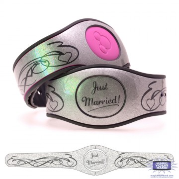Just Married (Bride) on Shimmering Silver Glitter MagicBand 2 Skin
